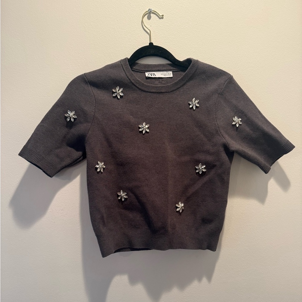 Zara Charcoal Floral Embellished Sweater